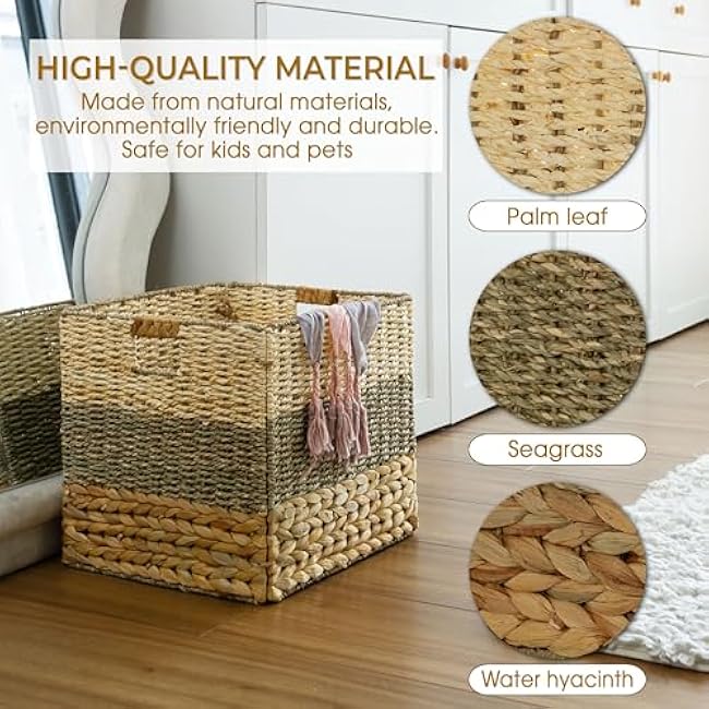Wicker Storage Basket Set of 4-12x12x12 Inches, Heavy Duty Woven Cubes for Organizing, Foldable Storage Baskets, Natural Square Shelf Inserts