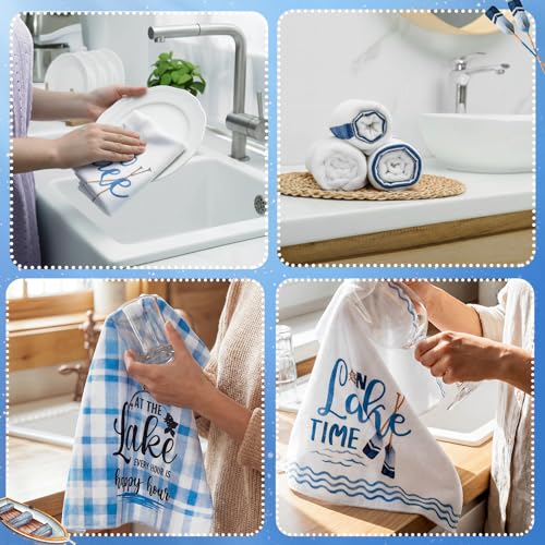Image of VitalCozy 6 Pcs Lavender Summer Kitchen Towel Set Funny Housewife Farmhouse Rustic Bath Hand Towel for Holiday Bathroom Gift, 24 x 16 Inches (Blue and White,Lake House)