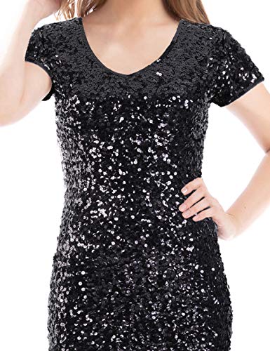 Image of MANER Women's Sequin Glitter Short Sleeve Dress Sexy V Neck Mini Party Club Bodycon Dresses