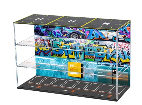 JUESHA 1/64 Scale Toy Car Garage Storage with Led Light, Model Car Display Case with Parking Lot Scene for Hot Wheels and Matchbox Cars, Die Cast Diorama for Alloy Car Model Aircraft with Airport