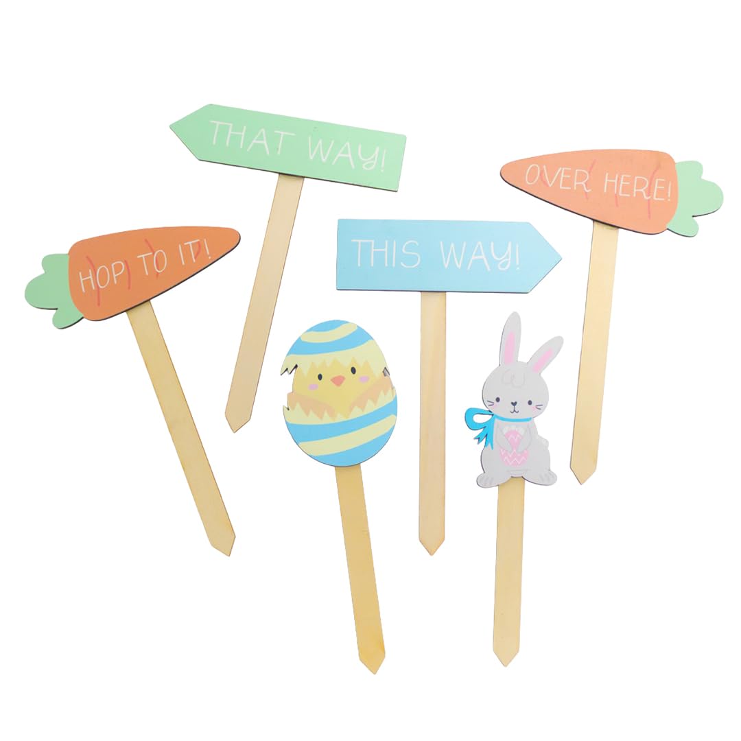 Gem Imports Easter Egg Hunt Wooden Stakes – Pack of 6 Outdoor Garden Signposts with Bunny, Chick & Carrot Designs for Easter Hunt Decorations