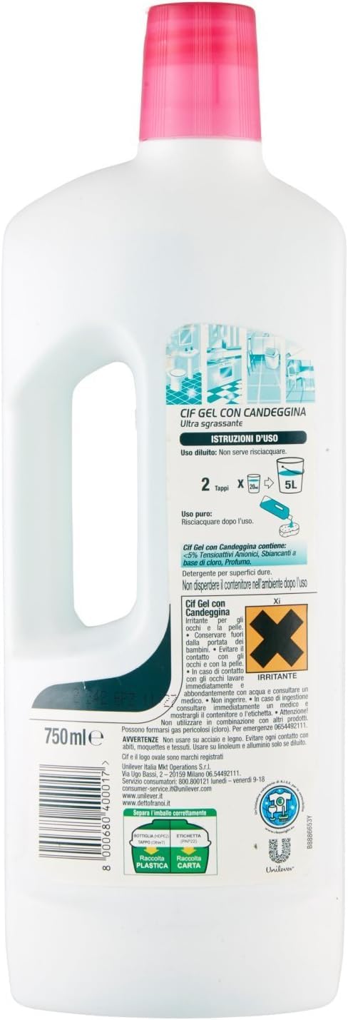Cif - Limpiador de gel con lejía (12 unidades, 750 ml, limpiador multiusos, incluye llavero Italy Shop Service gratuito)