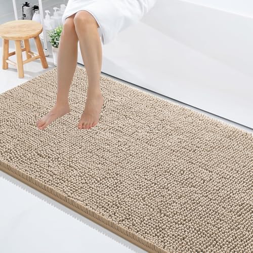 Image of LUXE HOME INTERNATIONAL Shaggy Chenille Bath Mat Extra Soft Super Absorbent Anti Skid Slip Popcorn Door Mats for Home Entrance, Bathroom, Bedroom, Kitchen, Floor Mat (60x120 cm Beige) Pack of 1