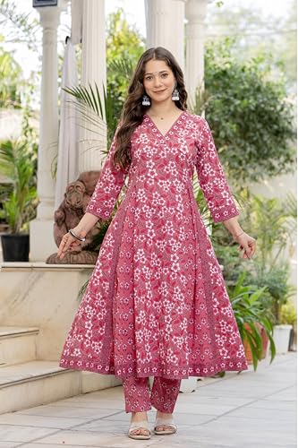Image of Aradhika Women's Pure Cotton Printed Anarkali Kurta with Pants and Dupatta | 3 Pieces Ethnic Wear for Women | Casual, Festive & Dailywear | Soft & Breathable Kurta Suit Set.