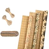 RUSPEPA Wrapping Paper Rolls with Tags and Jute String - Mini Roll - 17 inches x 10 feet per Roll, Total of 3 Rolls, Flowers