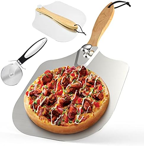 Gesofy Pizza Peel + Pizza Cutter, Pizza Paddle with Foldable Wood Handle, Pizza Oven Accessories,for Homemade Pizza/Bread Pies/Cookie