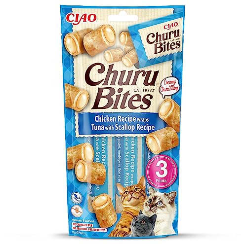 INABA Churu Bites Tuna & Scallop - Snacks para Gatos - Premios Saludables - Golosinas Crujientes y Cremosas - Pequeña y Práctica Porción Sabor Atún y Vieira 3x10g - Comida para Mascotas