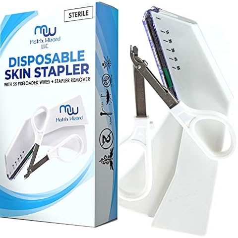 Disposable Skin Stapler (Suture Thread Alternative) with 55 Preloaded Wires Plus Stapler Remover Tool for Outdoor Camping Emergency Survival Demo, First Aid Field Emergency Practice Vet Use Cover