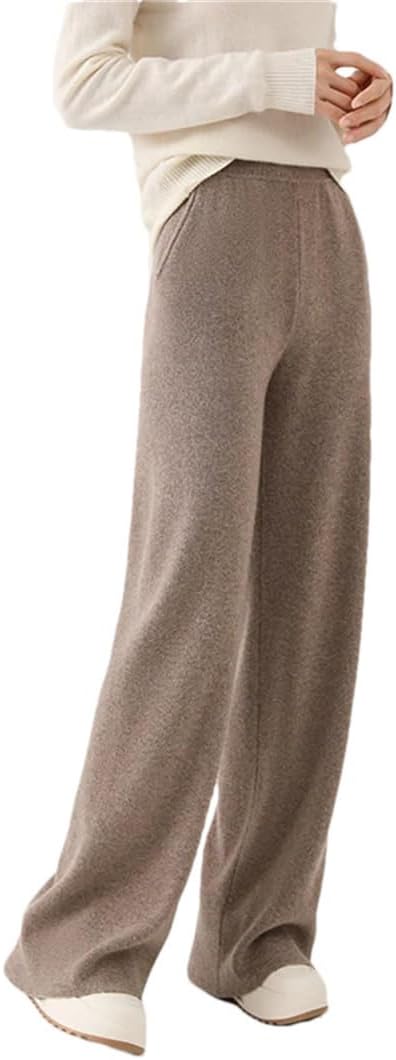 Women’S 100% Merino Wool Wide Leg Knit Pants, Winter Solid Color Warm Trousers with Pocket