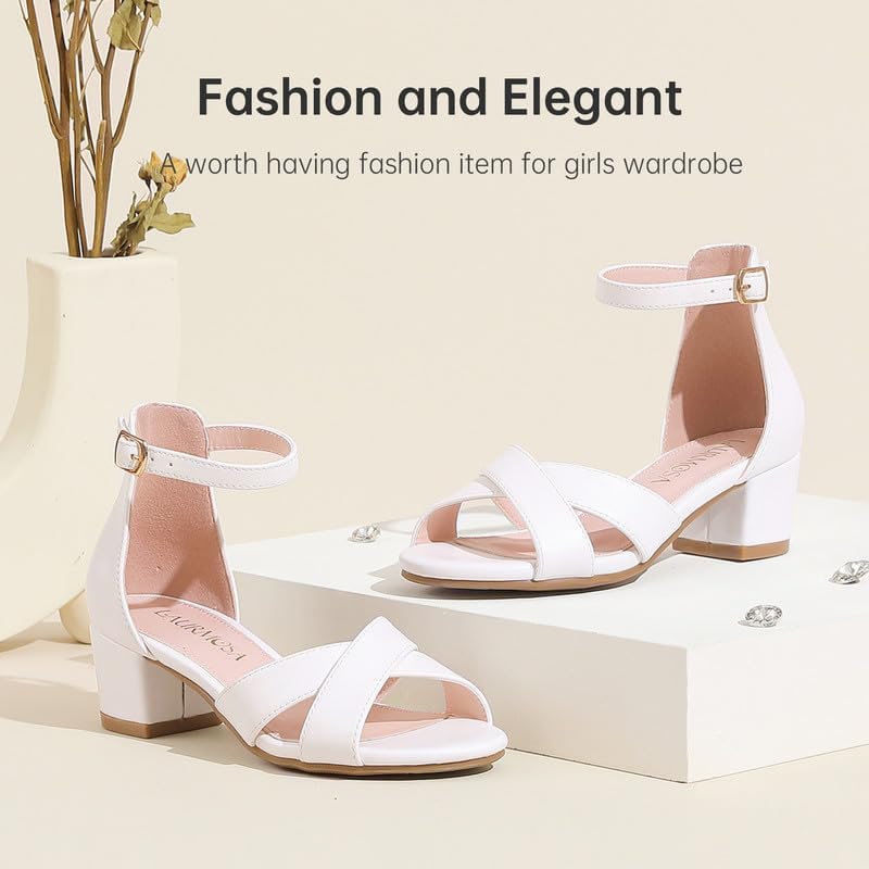 High Heels for Kids Sandals for Girls Dress Shoes Flower Girl Shoes Open Toe Ankle Strap Block Chunky Heels for Toddler Little Big Kids Low Wedge Sandals for Wedding Party Dress Up - Image 7