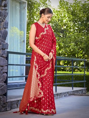 Image of MANOHARI Women's Trendy Banarasi Satin Silk Woven Saree with Heavy Jacquard Work, Elegant Design for Women with Lace Border Unstitched Blouse Piece for Weddings & Festive Occasions