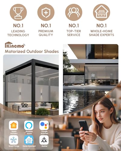 Image of Kincmo Motorized Outdoor Shades for Patio Porch, Custom Outdoor Motorized Blinds with Remote, Waterproof & Windproof Patio Shades Work with Apple Home,Alexa,Google (White Grey-5% Openness)