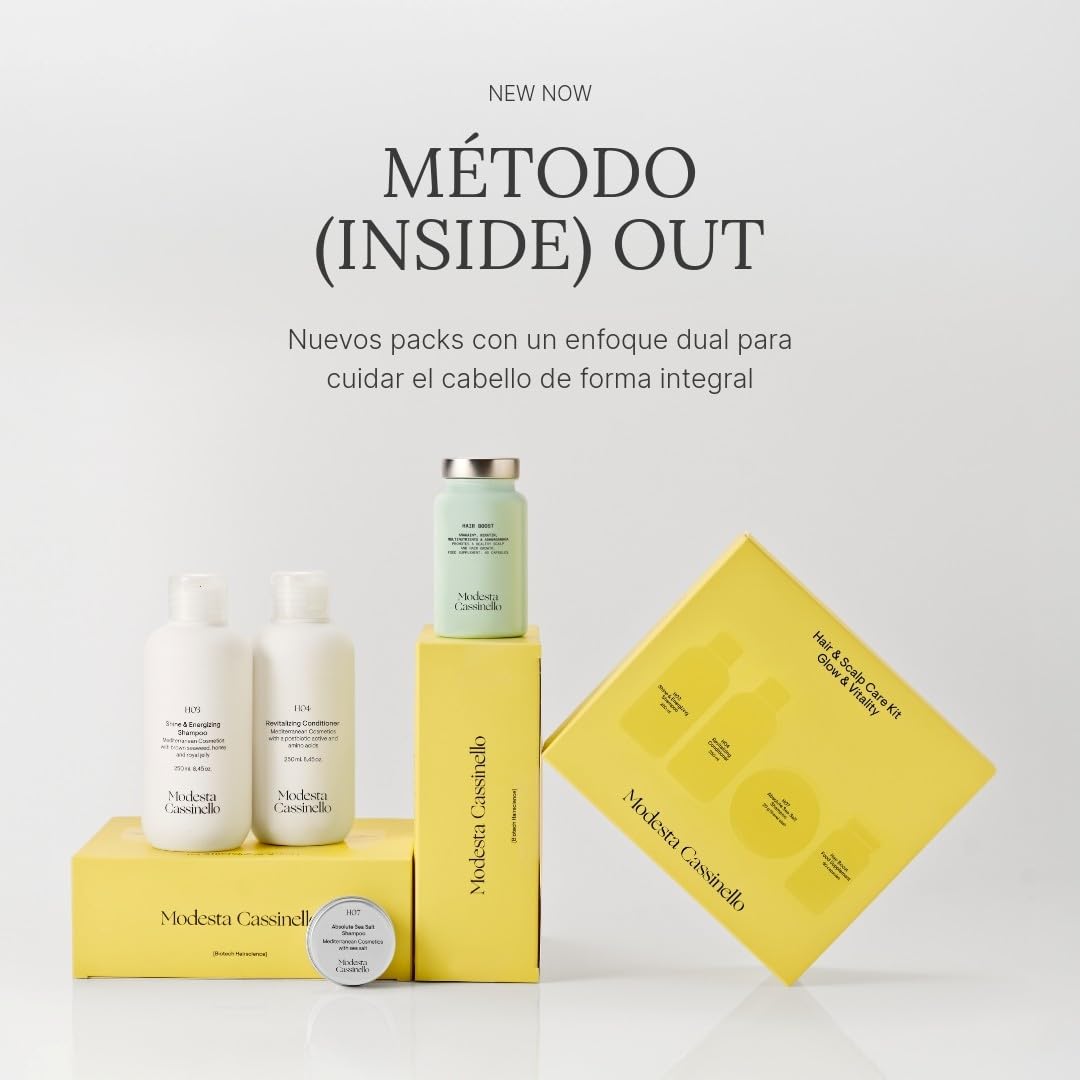 Modesta Cassinello – Pack Cuidado Capilar – Champú Brillo y Vitalidad + Acondicionador Revitalizante + Champú Sal Marina 20g + Hair Boost – Rutina Completa – Cabello Apagado, Sensible y Teñido