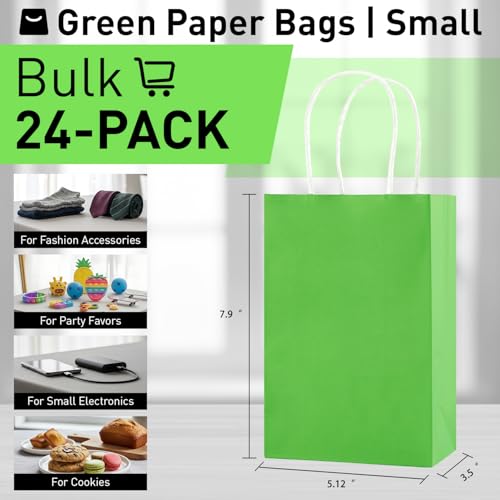 Image of SUNCOLOR 24-Pack Green Gift Bags with Handles, 8 inch Kraft Paper Party Favor Bags for Christmas St Patrick Day Birthday Easter