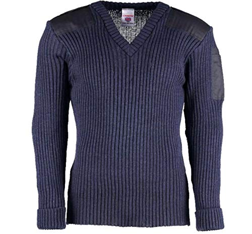 York Woolly Pully Vee Neck Sweater with Patches - Epaulets - Pen Pocket (Large / 44-46 inch, Navy Blue)