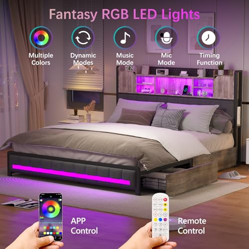 CSZZD Full Bed Frame with 4 Storage Drawers and Bookcase Headboard, Upholstered Bed Full Size with USB Charging Station & LED Lights, Metal Platform Bed with Storage, No Box Spring Needed, Oak Gray