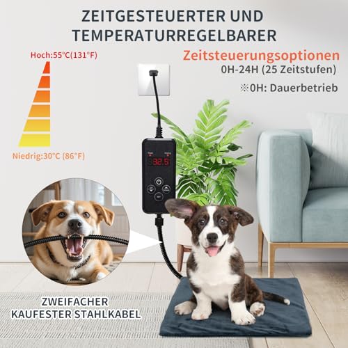 NAMOTEK Heizdecke für Haustiere - Temperatur & Timer einstellbar, wasserdichte Wärmematte mit kaufester Leitung, automatische Abschaltung für Hunde & Katzen