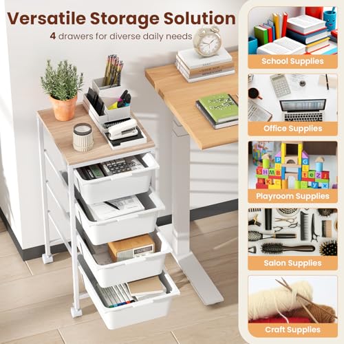 BECOMFORT 4-Drawers Rolling Utility Cart, Storage Cart on Wheels, Teacher Classroom Organizers with Wooden Tabletop & Lockable Wheels, Mobile Trolley Craft Cart for Art Paper Tools School Office - Image 7