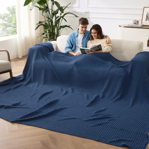 Image of Bedsure Cooling Cotton Waffle Oversized King Blanket - Lightweight Breathable Rayon Derived from Bamboo for Hot Sleepers, Luxury Throws for Bed and Sofa, Navy, 120x96 Inches