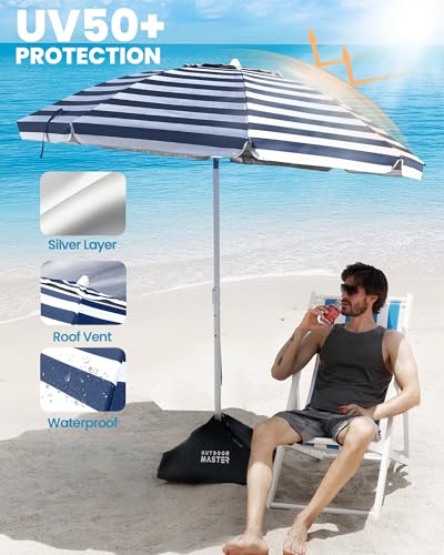 Image of OutdoorMaster Beach Umbrellas for Sand with Sandbag & Anchor, 6.5ft Adjustable Umbrella for Beach Heavy Duty Wind, Portable UPF50+ Sunshade with Carry Bag for Patio, Navy Striped