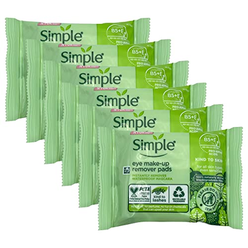 Simple Kind to Skin Eye Make-Up Remover Pads, 6x30 Pads - Gentle, Alcohol-Free, Non-Irritating, Hydrating, Hypoallergenic, Safe for Sensitive Eyes and Contact Lens Wearers