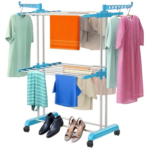 Image of H Houseware Heavy Duty Stainless Steel 2 Tier Cloth Drying Stand with Wheels | Double Pole Clothes Dryer & Laundry Rack | 43.18D x 73.66W x 115.82H cm | Rustproof & Portable (Blue)