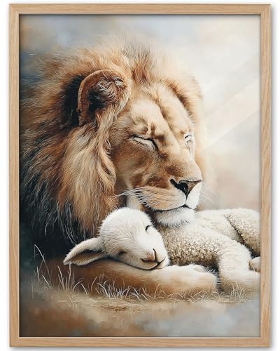 KensTro Natural OAK Wood Beige Christian Framed Wall Art, 12x16 in Lion and Lamb Canvas Wall Art Prints,Christ, Jesus, God, lion of Judah, Lamb of God,Peaceful Print for Childs Bedroom Decor Set of 1