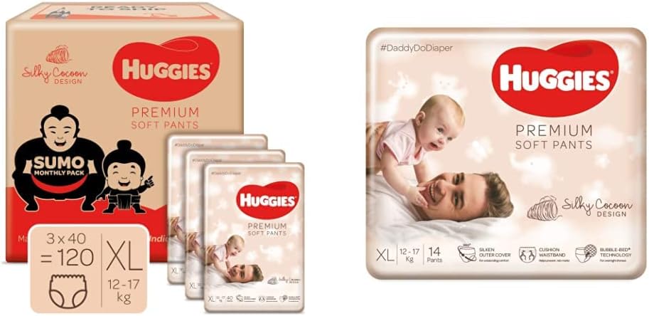 Huggies Premium Pants, Sumo Monthly Box Pack, Extra Large (XL) Size baby diaper pants, (12.0 kg - 17.0 kg) (120 count) & Premium Soft Pants, Extra Large (XL), (12.0 kg - 17.0 kg) (14 count)