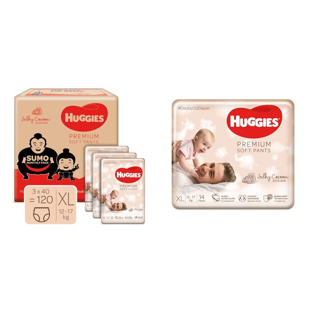 Huggies Premium Pants, Sumo Monthly Box Pack, Extra Large (XL) Size baby diaper pants, (12.0 kg - 17.0 kg) (120 count) & Premium Soft Pants, Extra Large (XL), (12.0 kg - 17.0 kg) (14 count)