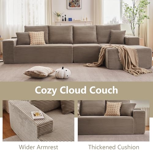 Image of 135 inch Cloud Sectional Couch with L-Shape Chaise, Modern Modular Comfy Sofa Chaise Longue, Upholstered Corduroy Couches Sleeper with Deep Seat for Living Room Bedroom, No Assembly Required, Camel
