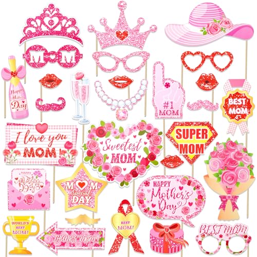 HOWAF 30pcs Happy Mother's Day Glitter Photo Booth Props,I Love You Mom Photo Props for Mother’s Day Decoration,Fun Mother Day Selfie Props, Mother’s Day Cutouts for Mom’s Birthday Party Supplies
