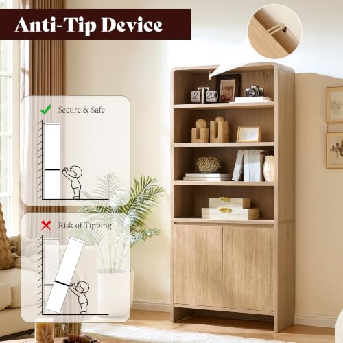 Image of AMERLIFE 71 inch Modern Bookcase Set of 2 with Storage Cabinets, Nature Oak | 2 Pieces Bookshelf Set, Adjustable Shelves, Curved Wood Design, Ideal for Living Room, Bedroom, Home Office