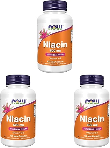 NOW Suplementos, niacina (vitamina B-3) 500 mg, vitamina esencial del grupo B*, salud nutricional, 100 cápsulas (paquete de 3)