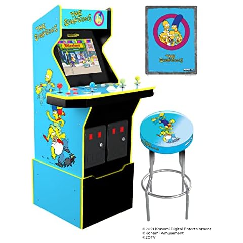 Arcade1Up The Simpsons Arcade Machine, 4-Foot — 4 Player Arcade Game Machine for Home, Live WiFi Enabled — Includes Custom Arcade Game Riser, Adjustable Stool, Light-Up Marquee, and Tin Wall Sign Cover