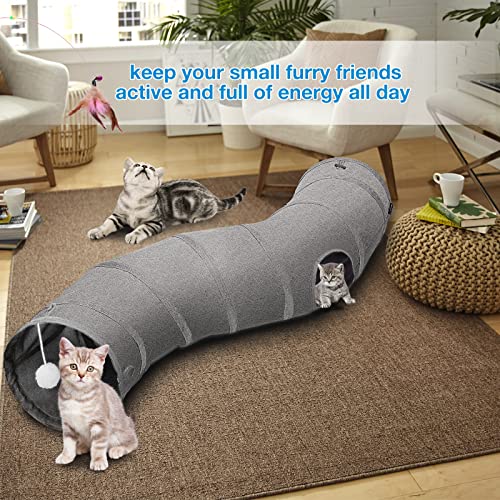 Image of Ownpets S-Shape Cat Tunnel Toy 48 inchL x 10 inchD, for Cats, Puppies & Small Pets | Collapsible for storage, tear-resistant oxford fabric, connects to other tunnel, with peek hole, feather wand, indoor /outdoor