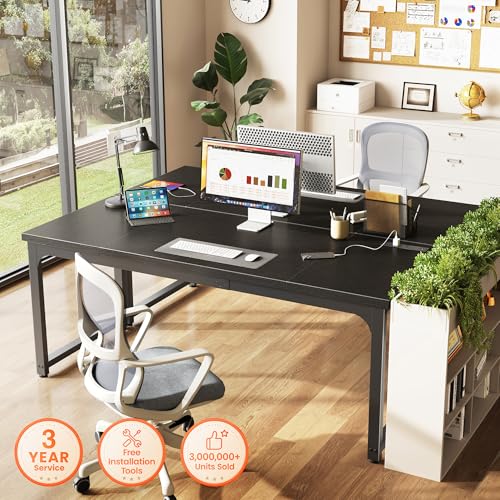 Image of Huuger 63 x 24 inch Desk with Power Outlets & USB-C, Deeper & Thicker Desktop, Robust Metal Tubes, Computer Desk, Heavy Duty Office Desk, Work Gaming Desk, for Home Office, Black