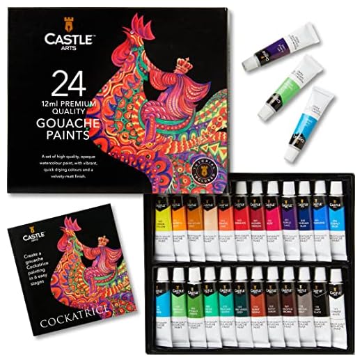 Castle Art Supplies Juego Pintura Gouache | 24 Botes 12ml Colores Brillantes, Opacos y al Agua | Versátil y Fácil Uso por Artistas, Principiantes, Profesionales | Resistente y ordenada Caja