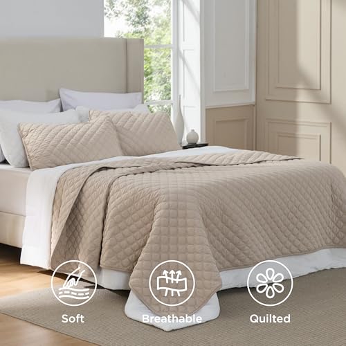 Image of Bedsure Quilts Queen Size - Lightweight Queen Comforter Set with Classic Honeycomb Quilting, Soft Quilt Bedding Set, Taupe Bedspreads Coverlet for All Seasons with 2 Pillow Shams (90 inch x 96 inch)