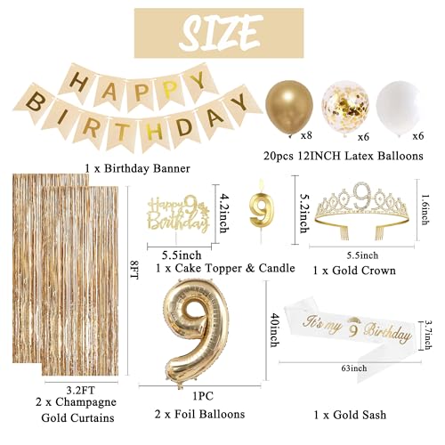 Image of Trgowaul 9th Birthday Decorations for Girls, Banner, Sash and Crown, Cake Topper, 9 Number Balloon, Fringe Curtains, Champagne Gold 9th Birthday Party Supplies