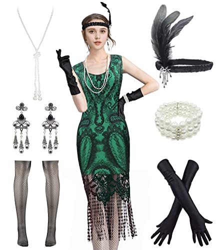 Image of Women 1920s Gatsby Flapper Dress Sexy Open Back Strap Fringed Cocktail Party Dress with 20s Accessories