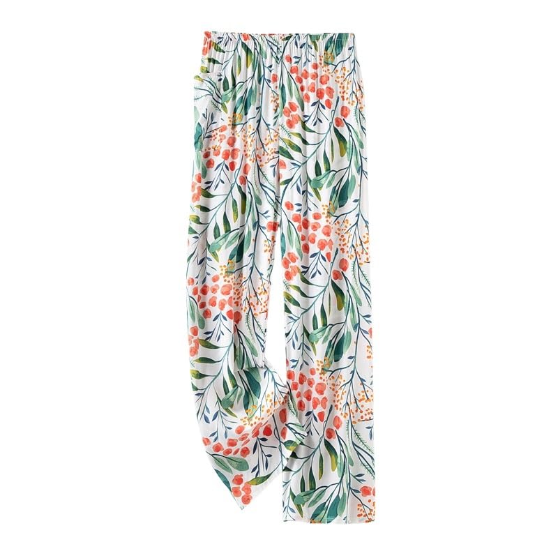 LIUYUYOUGO Pantalon Pijama Mujer Pantalones De Pijama Para Mujer Con Estampado De Hojas Verdes Y Flores Pantalones De Pijama Suaves Y Cómodos De Pierna Ancha Pantalones Sueltos Para Dormir De Veran