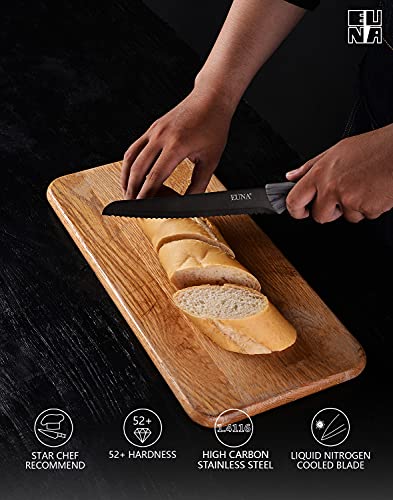 Euna 8-Inch Serrated Bread Knife, Razor Sharp Stainless Steel Professional Bread Cutter With Sheath & Gift Box For Slicing Homemade Bread, Bagels, Cake, Non-Stick Coating, Black #TOP1