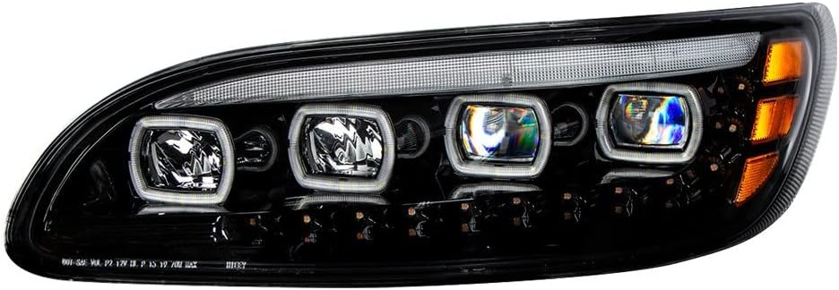 United Pacific 35843 Headlight, L/H, Black, Quad-LED, with LED Directional & Sequential Signal, for 2005-2015 Peterbilt 386