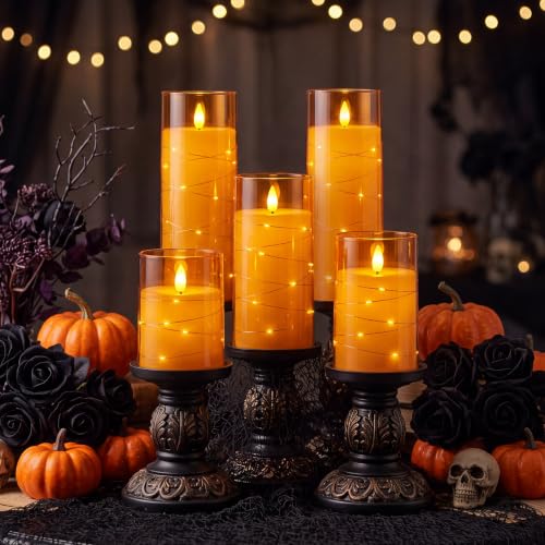 Image of Homemory Halloween Flameless Candles, Orange LED Pillar Candles, Fall Decor