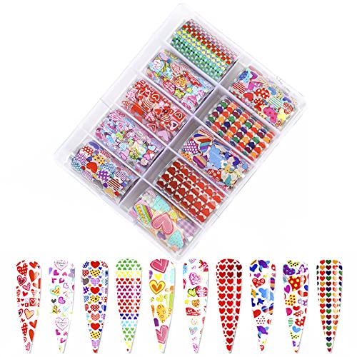 Heart Nail Foil Transfer Stickers, Valentine's Day Nail Foil Transfers Decals Colorful Heart Love Nail Design Decals Nail Art Supplies Manicure Decoration for Women Girls 10 Sheets (Style B)