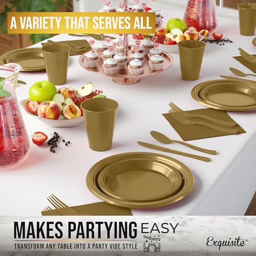 350 Pcs Gold Plastic Plates For Party, Gold Disposable Plates Set, 50 Of Each 9" Dinner Plate Set, 7" Dessert Plate, Cups, Napkins & Cutlery Plastic Dinnerware Set Exquisite by Exquisite - Image 4