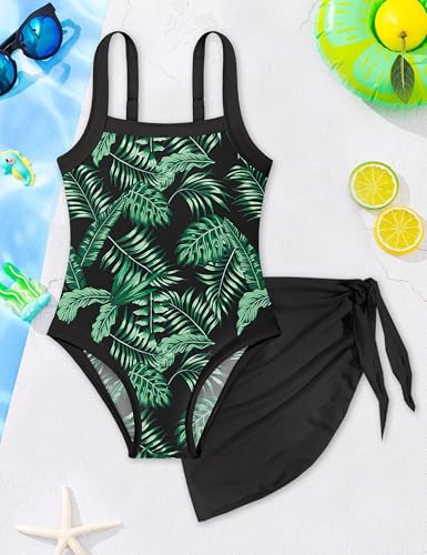 Image of Shallmu Girls Swimsuits Color Block Adjustable Thick Strap One Piece Bathing Suits with Cover Up Skirt Girl's Swimwear 9-16Y