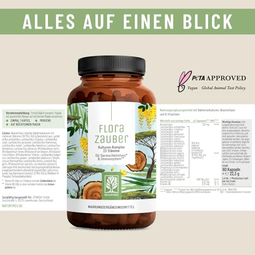 NATURTREU® Florazauber Kulturen Komplex magensaftresistent & vegan - 23 Bakterienstämme ohne Inulin - Komplex u.a. mit Lactobacillus & Bifidobakterien, 60 Kapseln