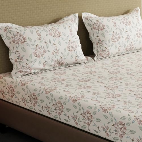 Image of Layers 100% Cotton Fitted Sheet for King Size Bed | Lumina Floret Collection | 144 TC Soft & Breathable | Floral Print with 2 Pillow Covers | Wrinkle Free & Colorfast | 3 Pc Bedding Set - White