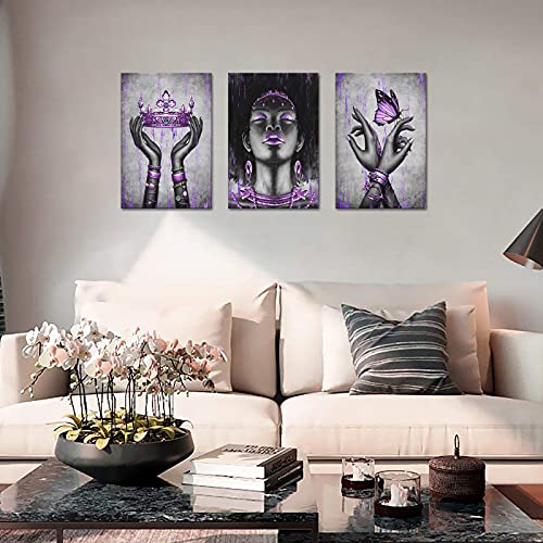 Kalormore Black American Woman Canvas Wall Art Giclee Prints Elegant Woman With Purple Queen Crown Butterfly Painting Picture Artwork For Girl Bedroom Living Room Office Decoration #TOP3
